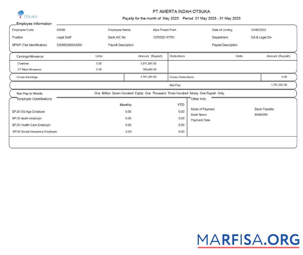 Blank PT. Amerta Indah Otsuka payslip template